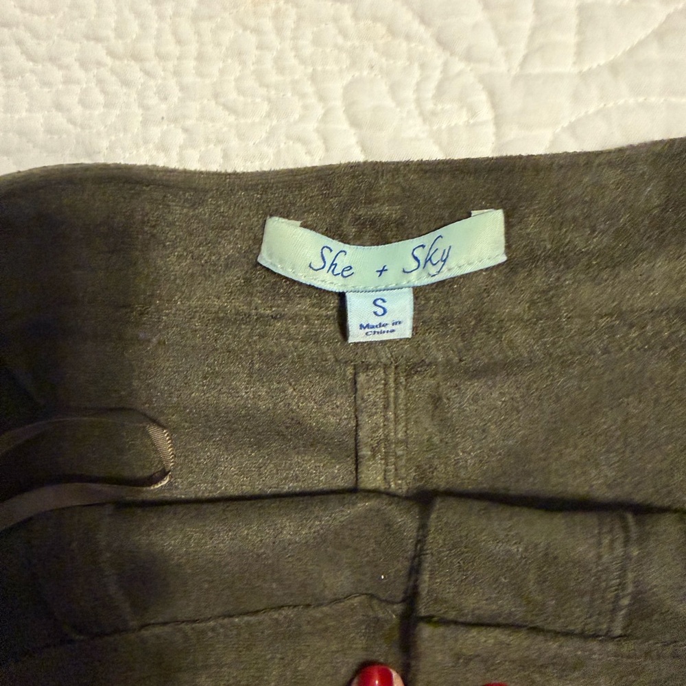 She + Sky Dark Olive Suede-Look Button Front Skater Skirt - Picture 3 of 4